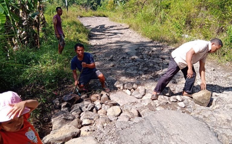 Warga Ngampang Mas Manggarai Timur Gotong-royong Perbaiki Jalan Rusak